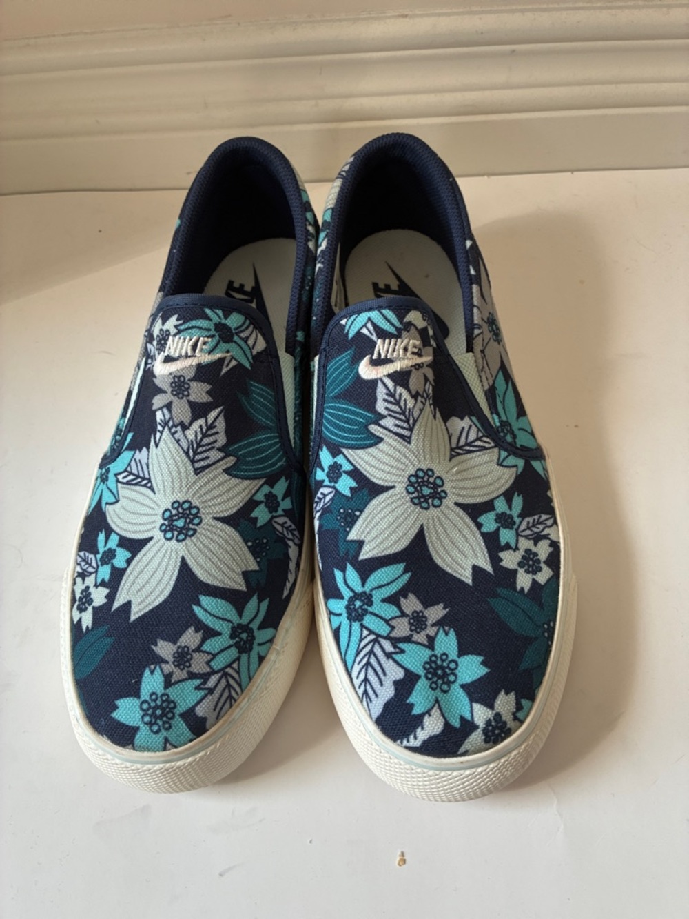 Nike Navy Floral Slip-On Sneakers with Teal Accents